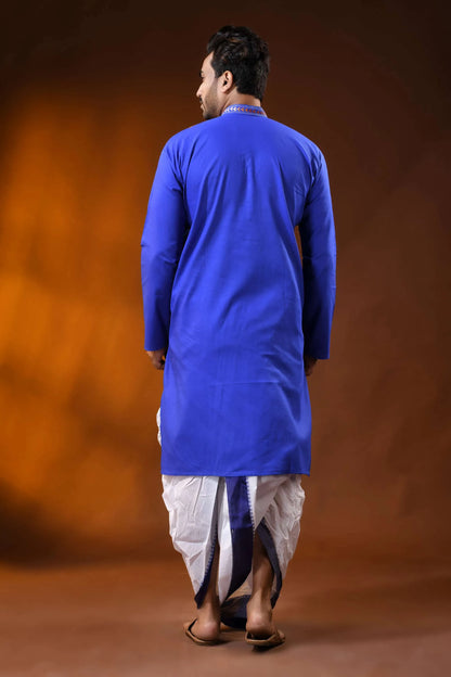 Handcrafted reverse stitch cobalt blue cotton kantha kurta for men 6