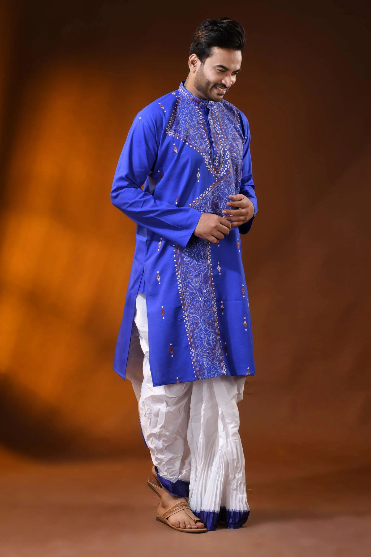 Handcrafted reverse stitch cobalt blue cotton kantha kurta for men 3