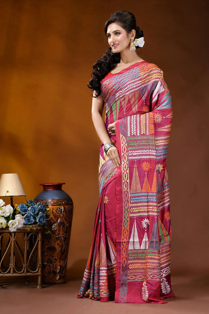 Handcrafted rich maroon geometric design kantha stitch silk saree vibrant pink saree adorned intricate 3