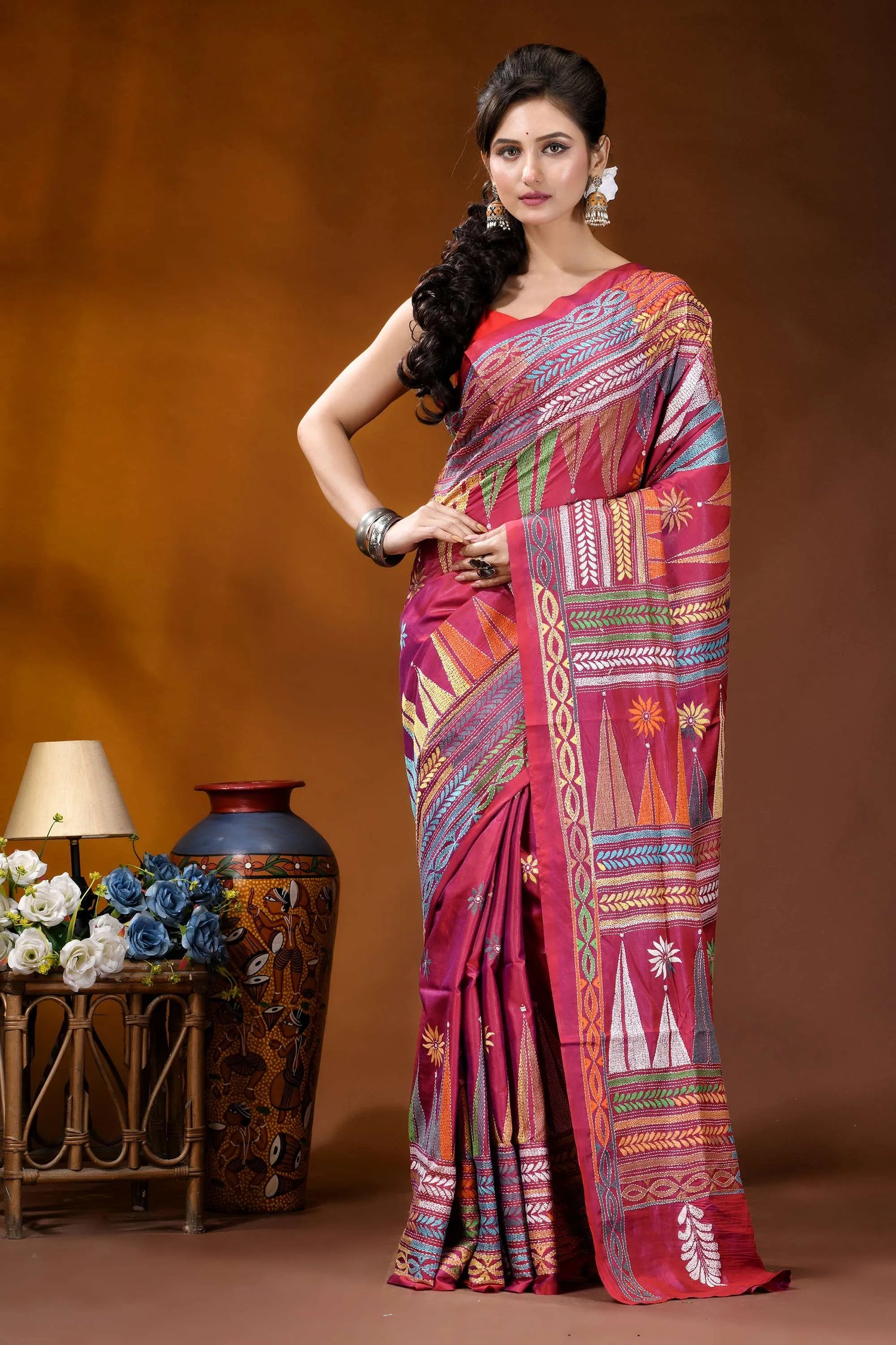 Handcrafted rich maroon geometric design kantha stitch silk saree vibrant pink red traditional indian 1