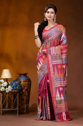 Handcrafted rich maroon geometric design kantha stitch silk saree vibrant pink red printed saree 6