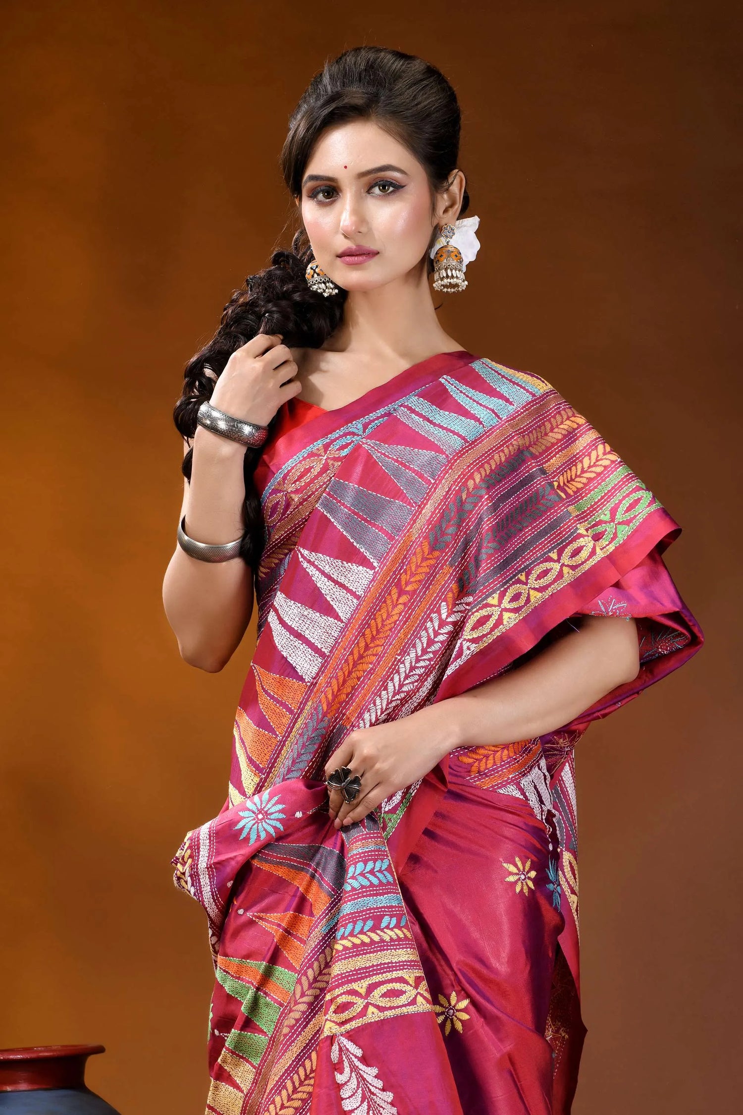 Handcrafted rich maroon geometric design kantha stitch silk saree vibrant pink saree intricate geometric 2