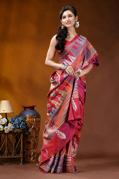 Handcrafted rich maroon geometric design kantha stitch silk saree woman wears vibrant red multicolored 4