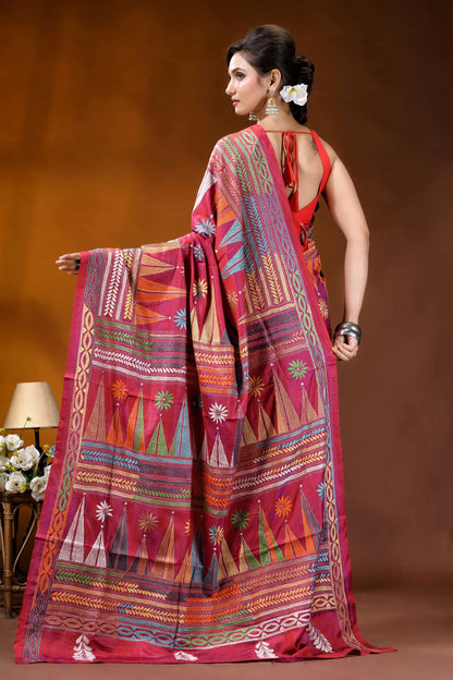 Handcrafted rich maroon geometric design kantha stitch silk saree vibrant maroon saree intricate geometric 5