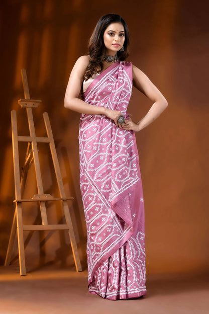 Handcrafted rose pink silk kutch embroidery saree with ethnic motif 4