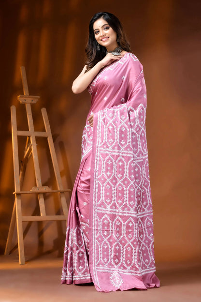 Handcrafted rose pink silk kutch embroidery saree with ethnic motif 3