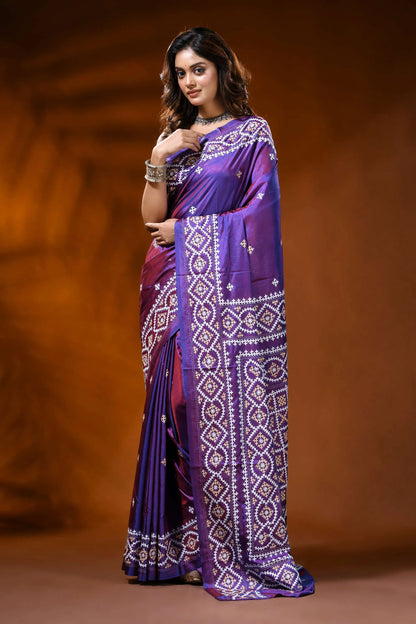 Handcrafted royal purple gujarati stitch saree in silk - ethnic design 6