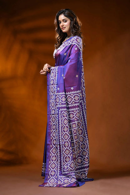 Handcrafted royal purple gujarati stitch saree in silk - ethnic design 3