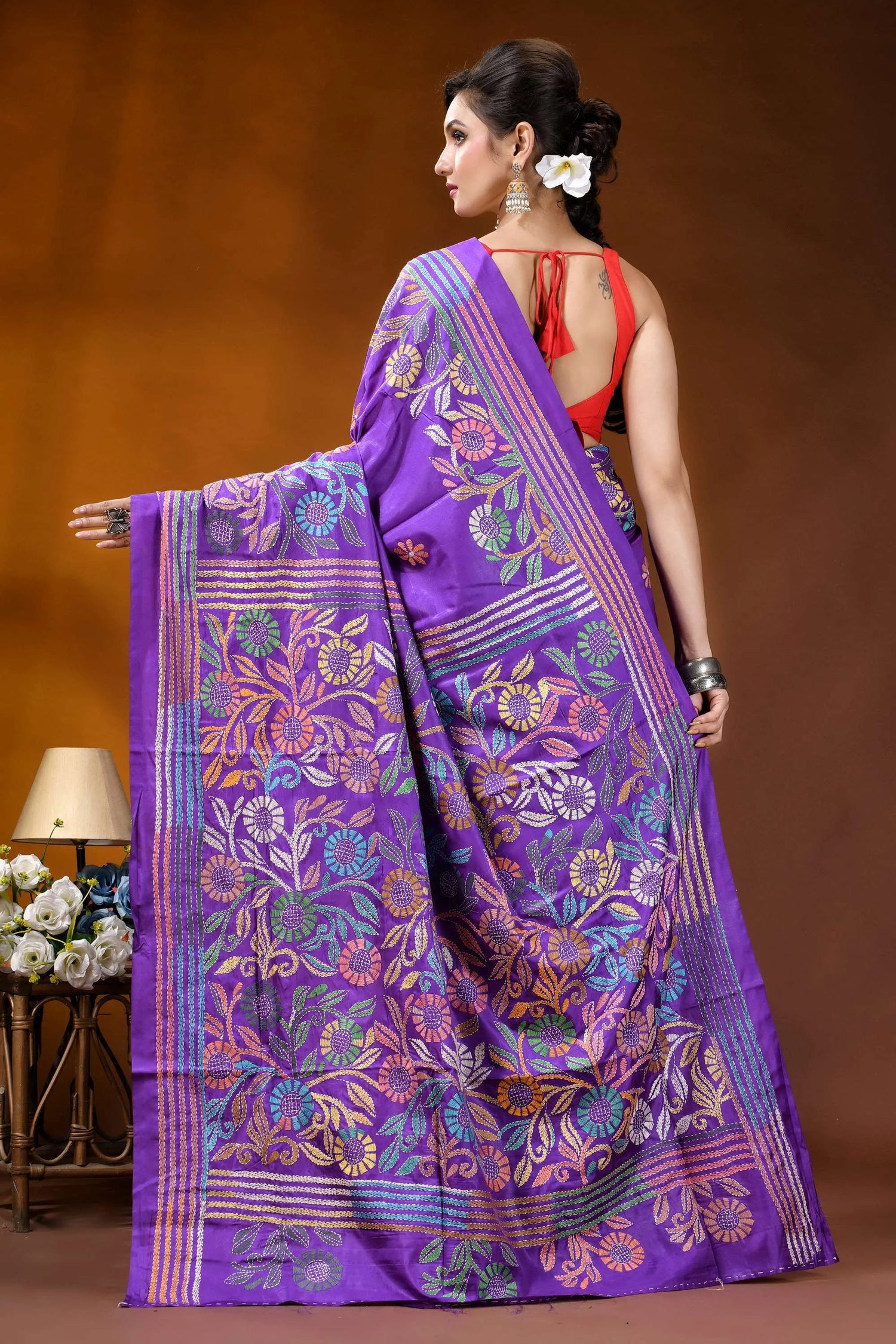 Handcrafted royal purple silk kantha work saree with floral design purple silk saree intricate floral 5