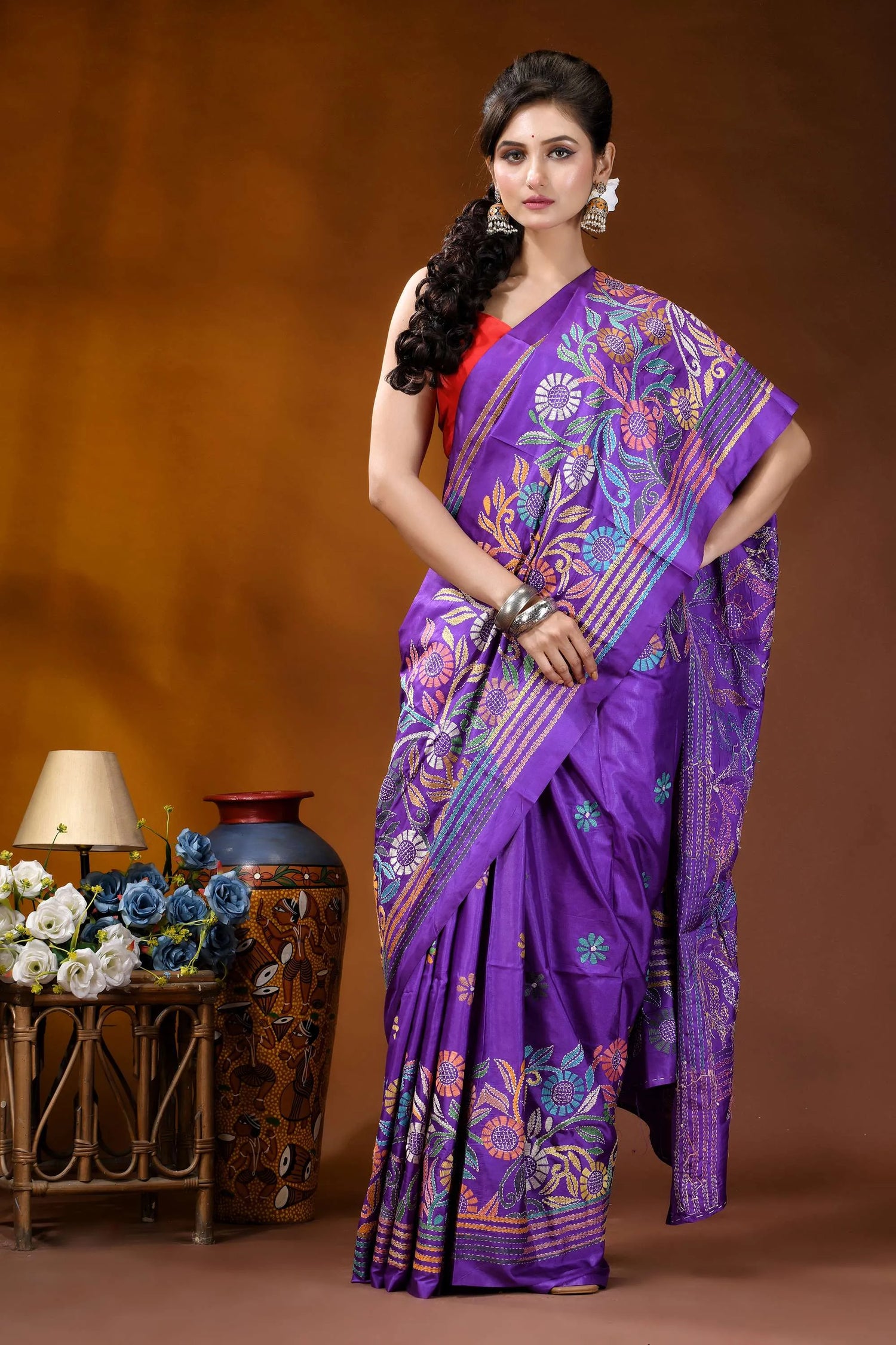 Handcrafted royal purple silk kantha work saree with floral design vibrant purple silk saree adorned 4