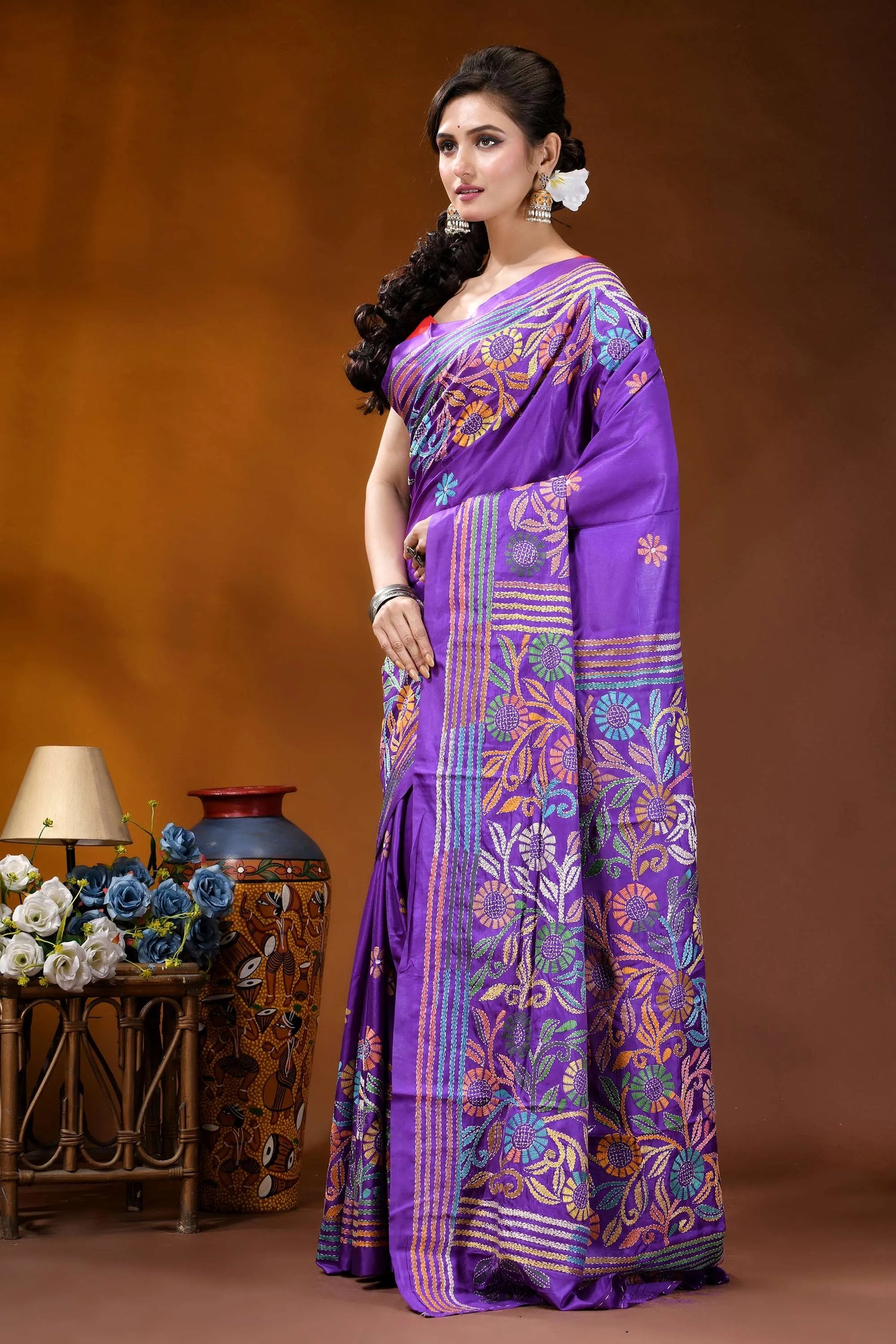 Handcrafted royal purple silk kantha work saree with floral design vibrant purple silk saree adorned 3