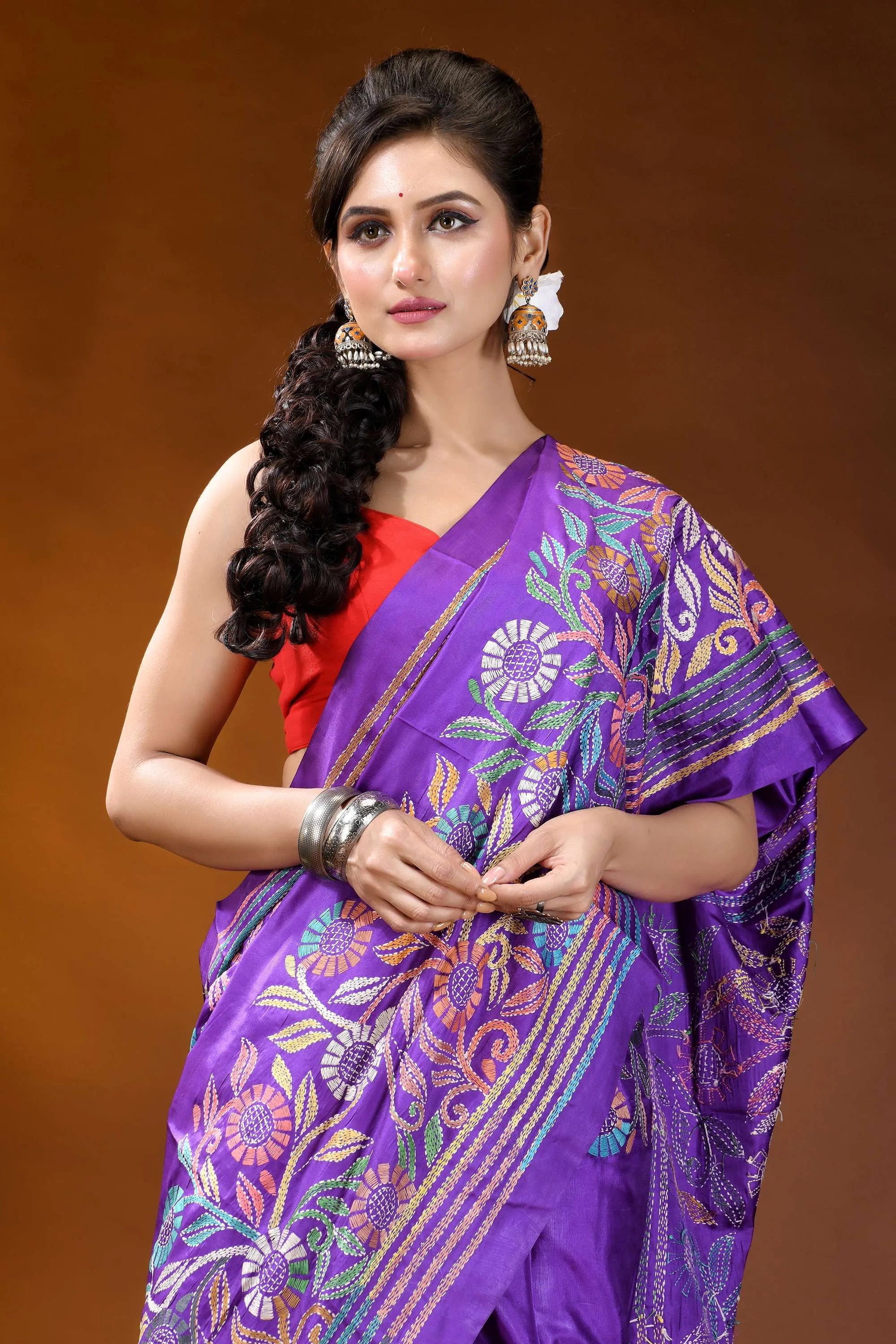 Handcrafted royal purple silk kantha work saree with floral design vibrant purple silk saree intricate 2