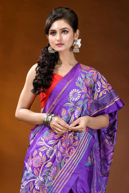 Handcrafted royal purple silk kantha work saree with floral design vibrant purple silk saree intricate 2