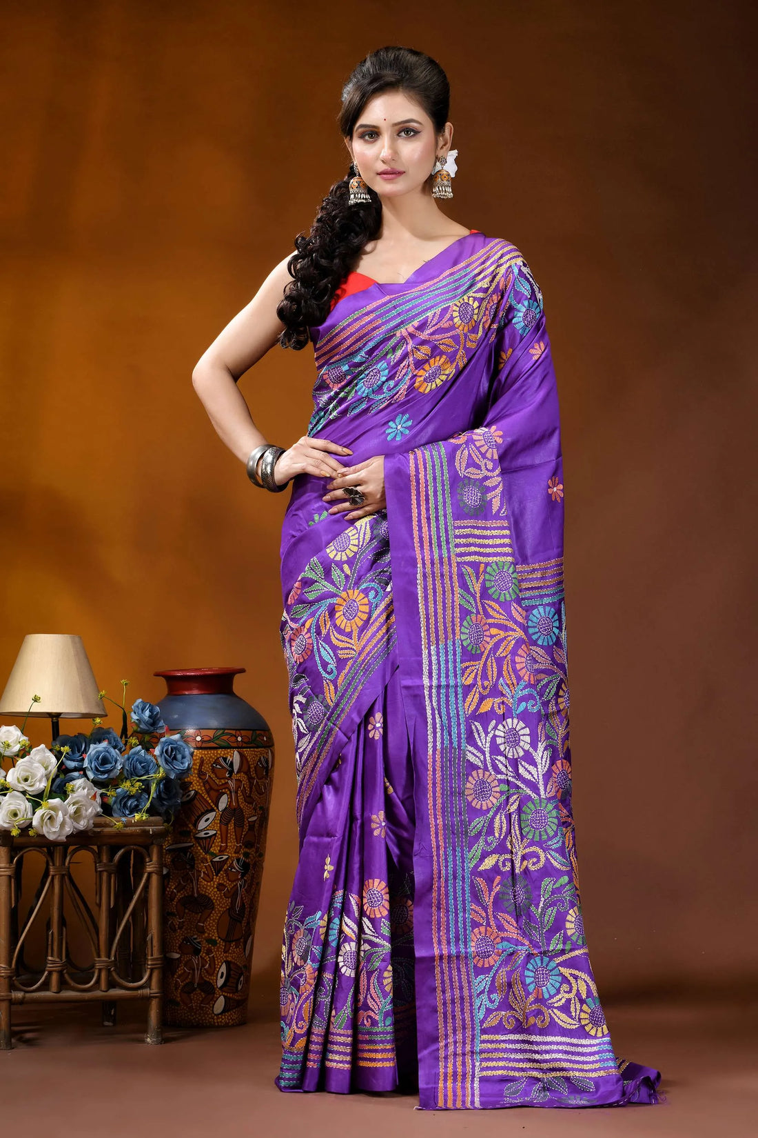 Handcrafted royal purple silk kantha work saree with floral design vibrant purple silk saree adorned 1