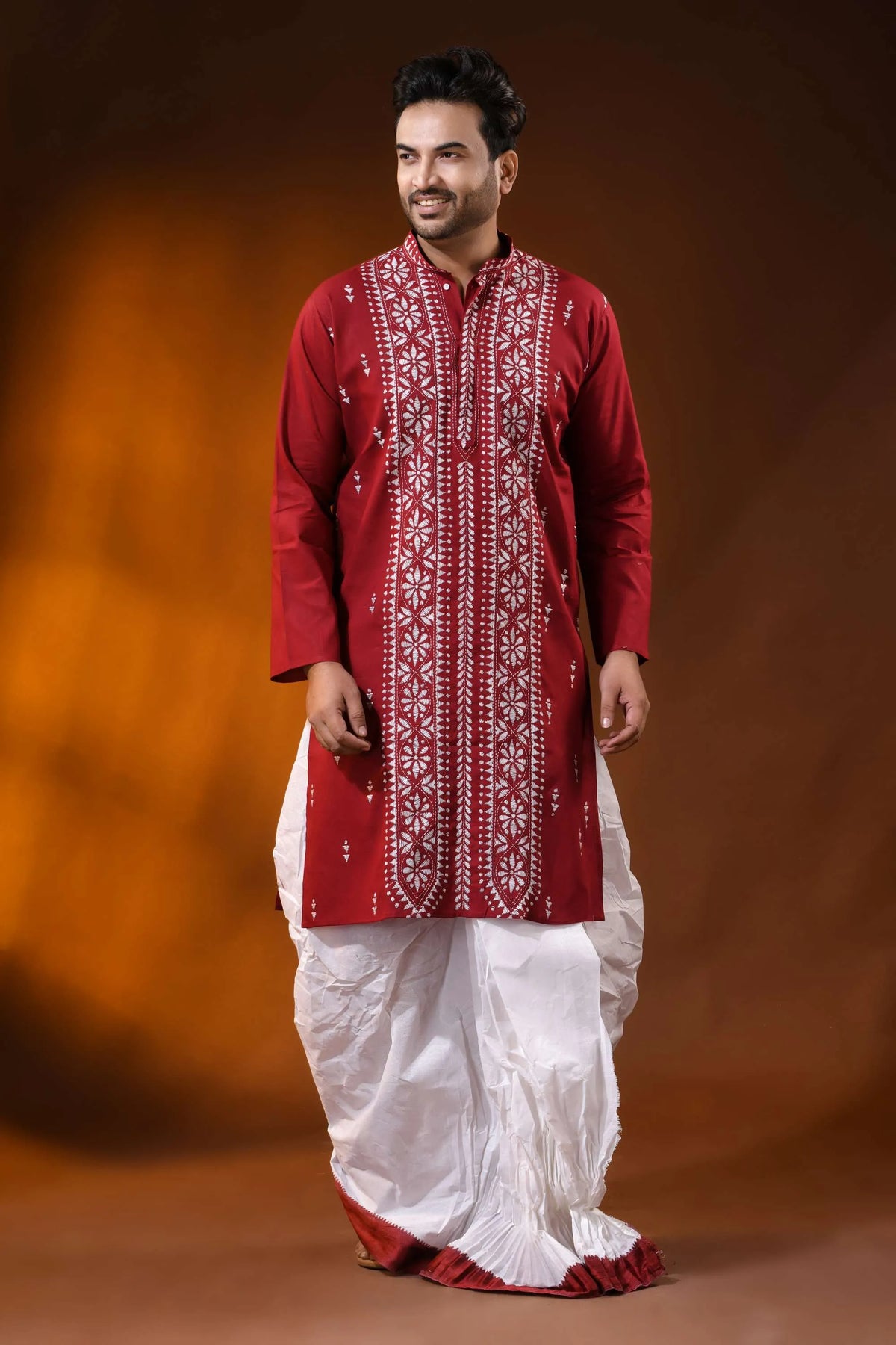Handcrafted ruby red men’s cotton kantha kurta with white floral panel 1