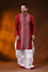 Handcrafted ruby red men’s cotton kantha kurta with white floral panel 1