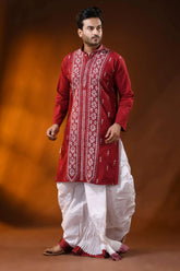 Handcrafted ruby red men’s cotton kantha kurta with white floral panel 4
