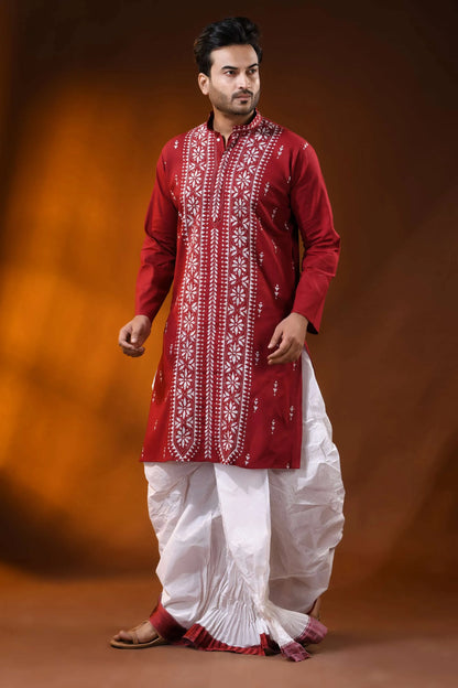 Handcrafted ruby red men’s cotton kantha kurta with white floral panel 4