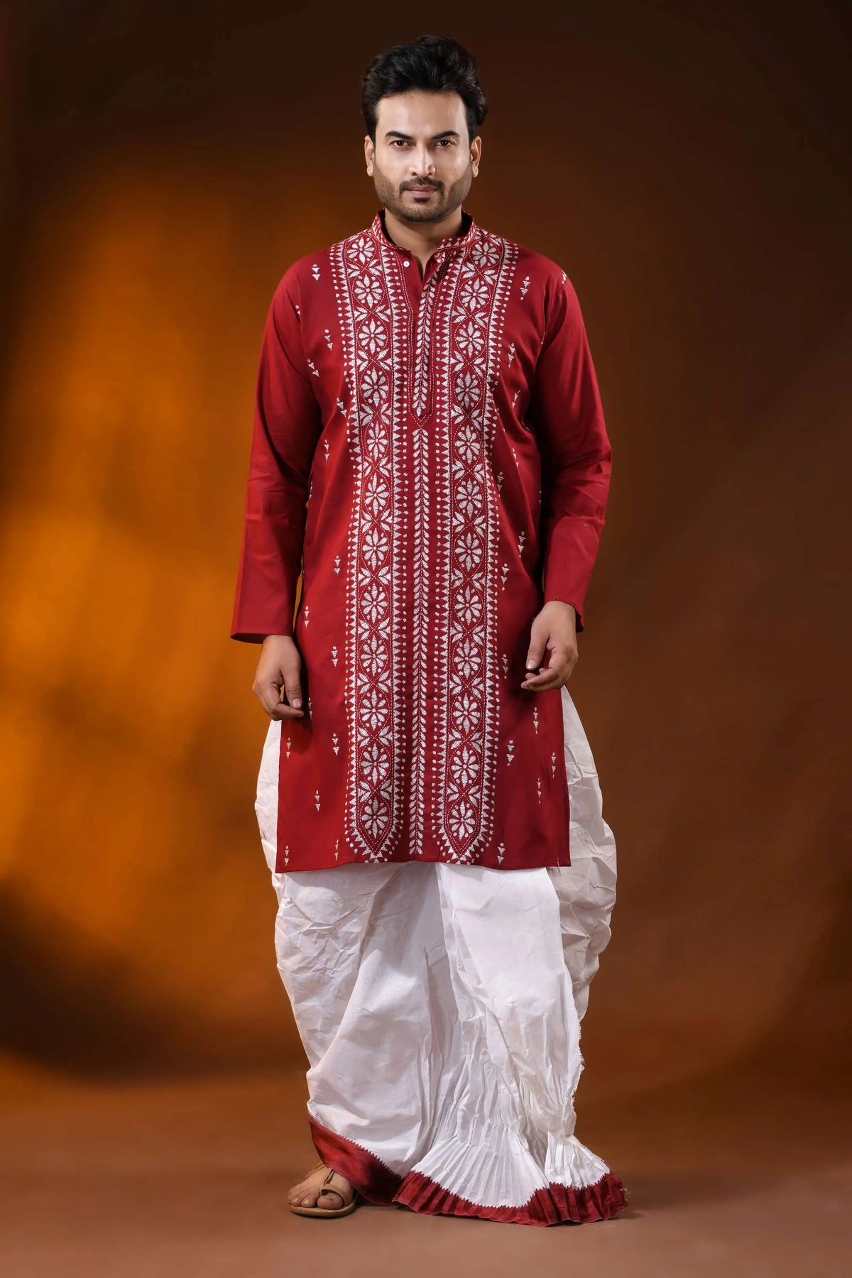 Handcrafted ruby red men’s cotton kantha kurta with white floral panel 6