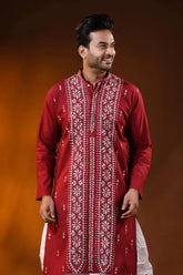 Handcrafted ruby red men’s cotton kantha kurta with white floral panel 2