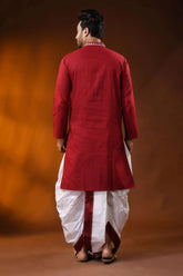 Handcrafted ruby red men’s cotton kantha kurta with white floral panel 5