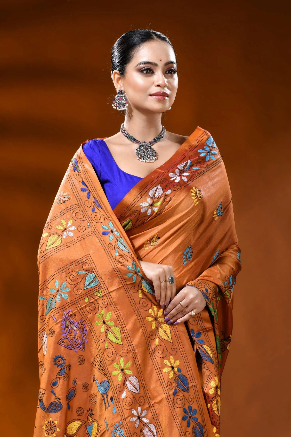 Handcrafted rust orange silk kantha saree with folk art motif 2