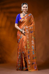 Handcrafted rust orange silk kantha saree with folk art motif 1