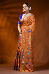 Handcrafted rust orange silk kantha saree with folk art motif 3