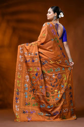 Handcrafted rust orange silk kantha saree with folk art motif 5