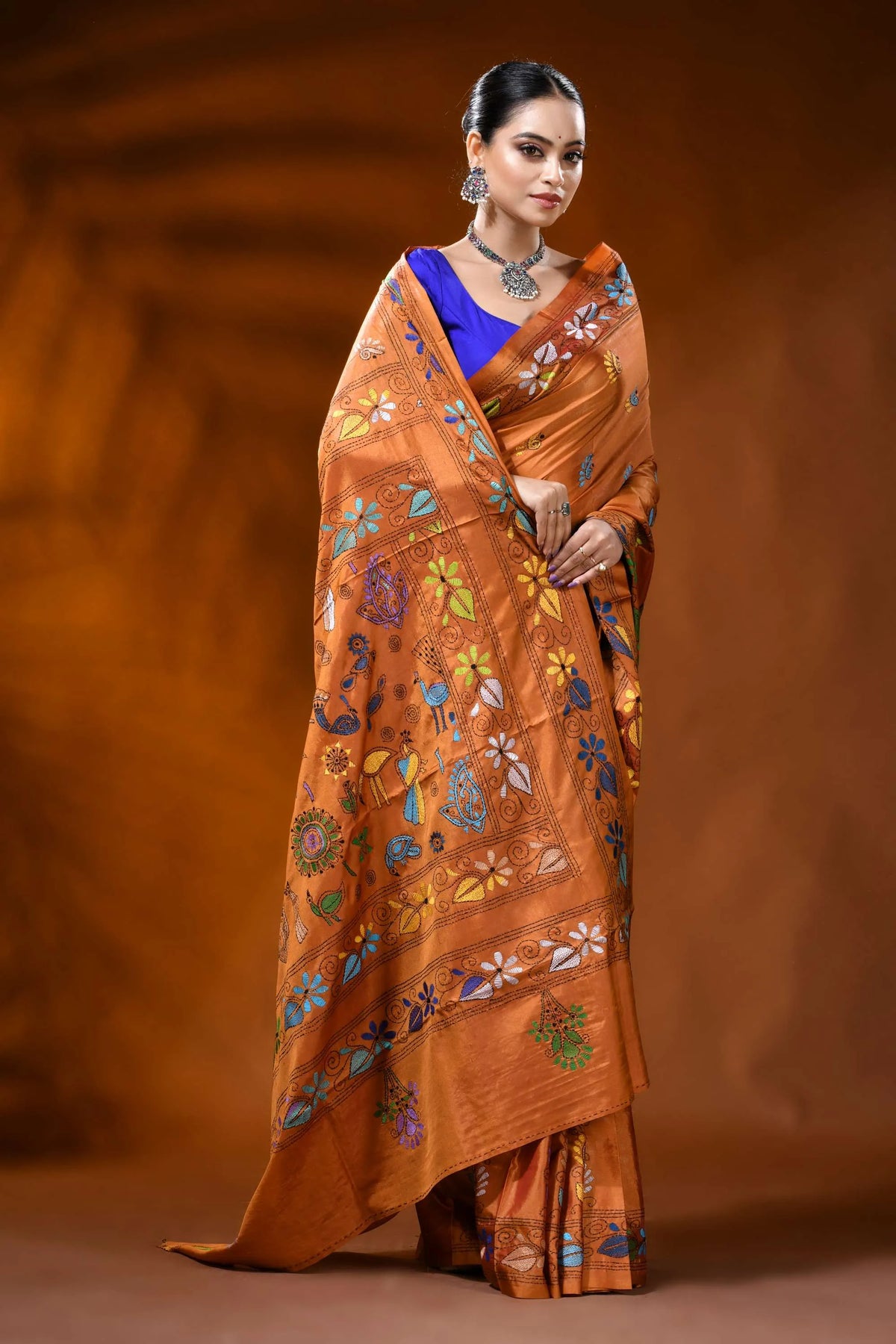 Handcrafted rust orange silk kantha saree with folk art motif 4