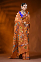 Handcrafted rust orange silk kantha saree with folk art motif 4
