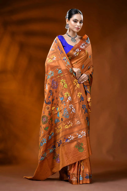 Handcrafted rust orange silk kantha saree with folk art motif 4