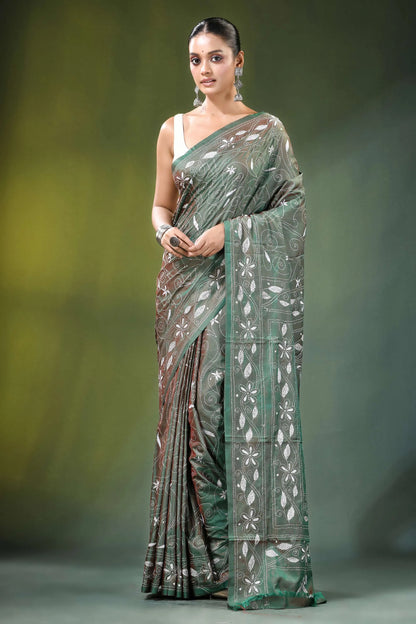 Handcrafted sage green nature theme silk kantha saree woman wears elegant olive-green 1