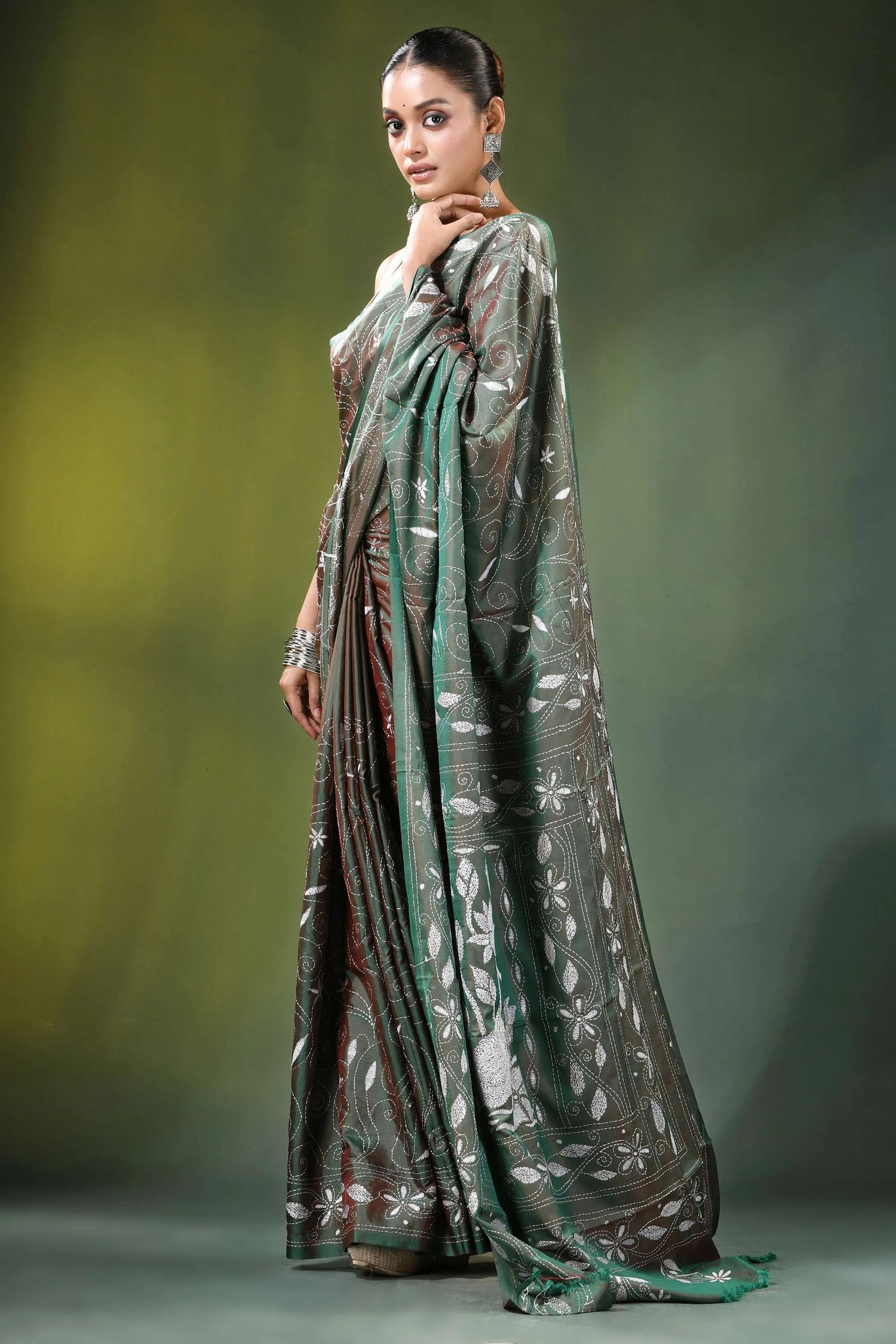 Handcrafted sage green nature theme silk kantha saree woman wears elegant emerald 4