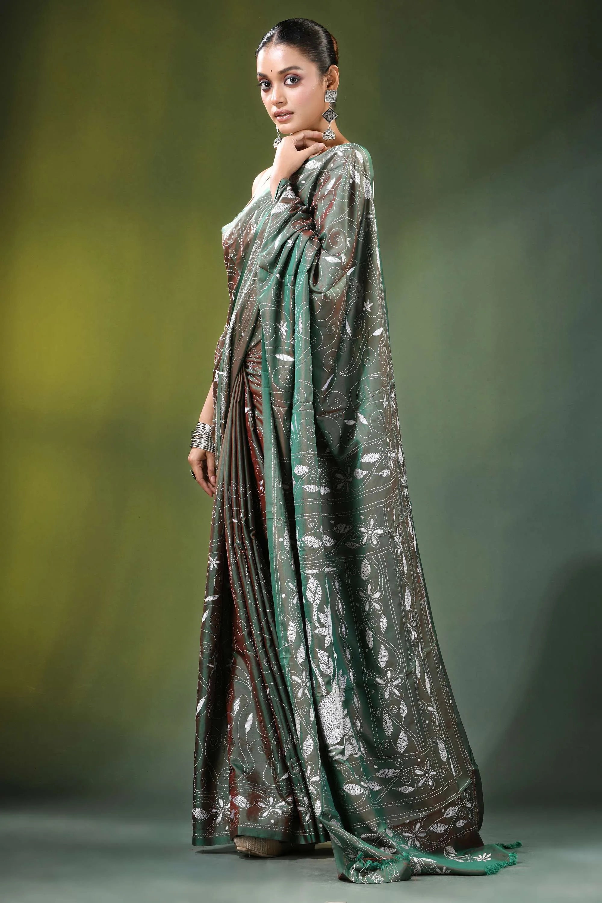 Handcrafted sage green nature theme silk kantha saree woman wears elegant emerald 4