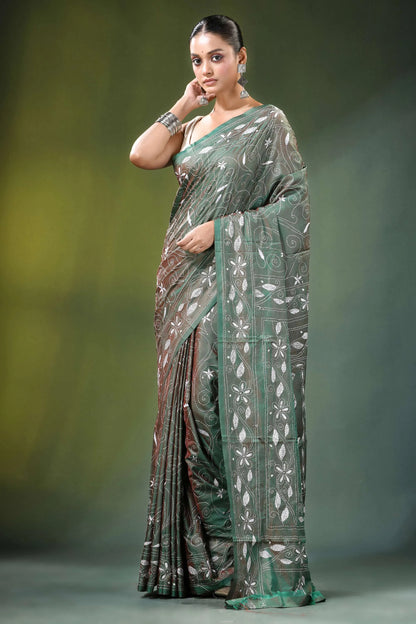 Handcrafted sage green nature theme silk kantha saree woman wears dark maroon 6