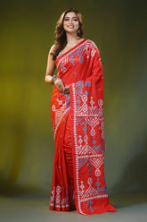 Handcrafted scarlet red ethnic pattern silk gujrati stitch saree 6