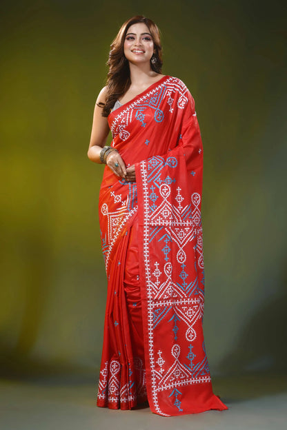 Handcrafted scarlet red ethnic pattern silk gujrati stitch saree 6
