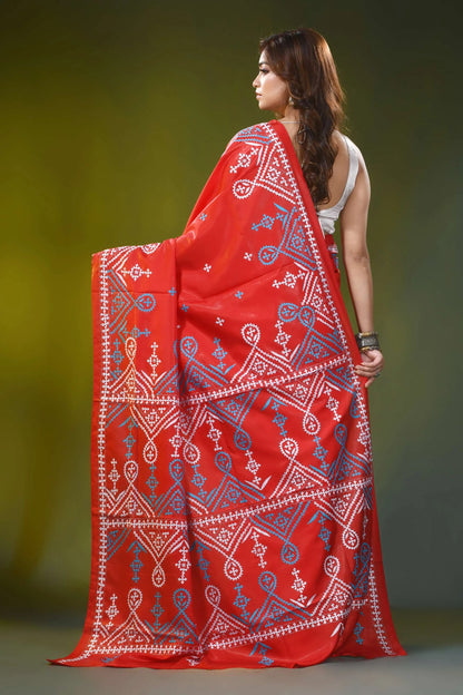 Handcrafted scarlet red ethnic pattern silk gujrati stitch saree 5