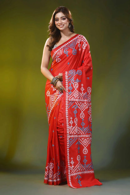 Handcrafted scarlet red ethnic pattern silk gujrati stitch saree 1