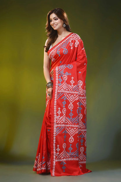 Handcrafted scarlet red ethnic pattern silk gujrati stitch saree 3