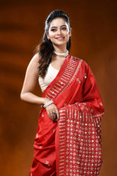 Handcrafted scarlet red kutch work silk saree with mirror detailing 2