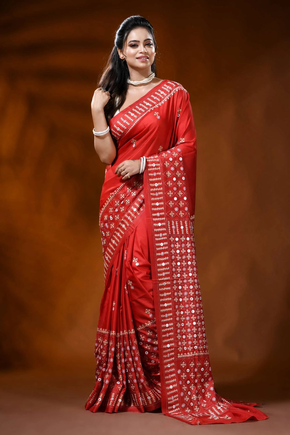 Handcrafted scarlet red kutch work silk saree with mirror detailing 1
