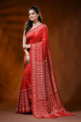 Handcrafted scarlet red kutch work silk saree with mirror detailing 4