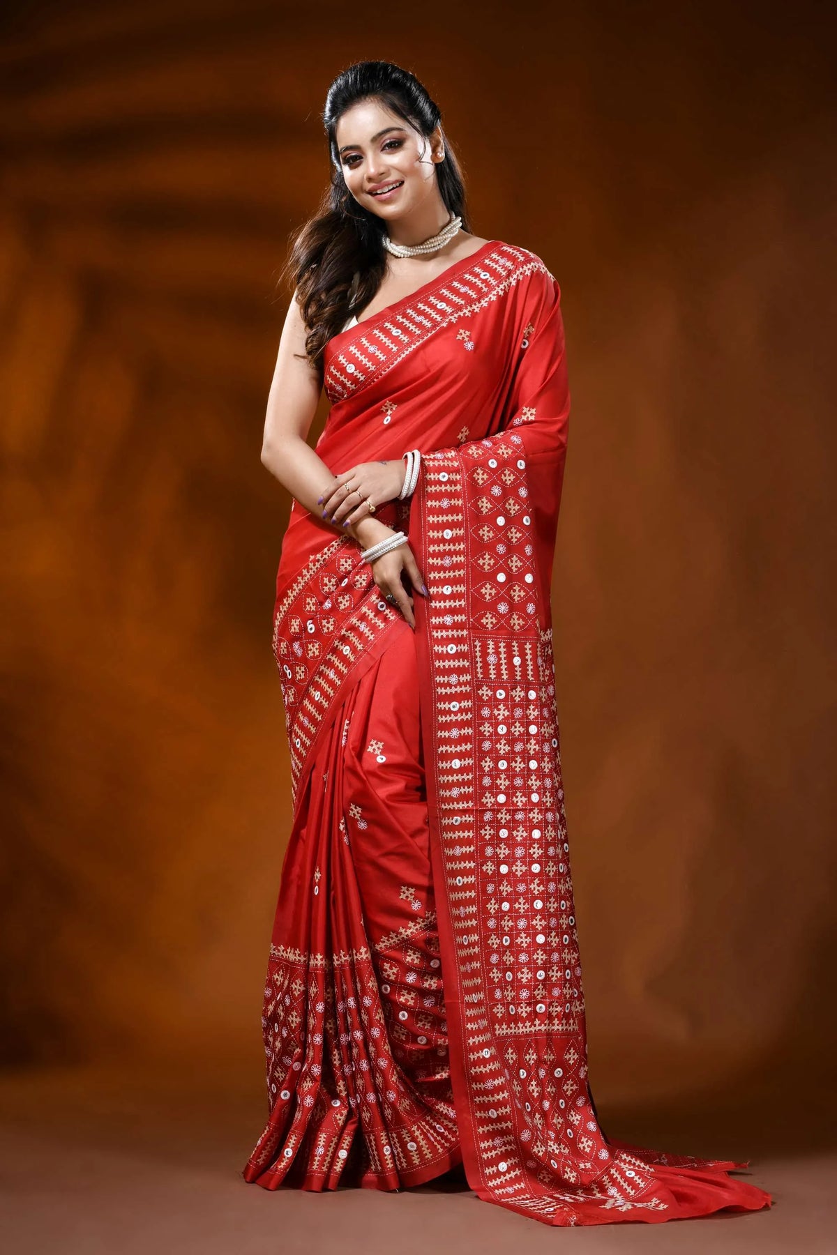 Handcrafted scarlet red kutch work silk saree with mirror detailing 3