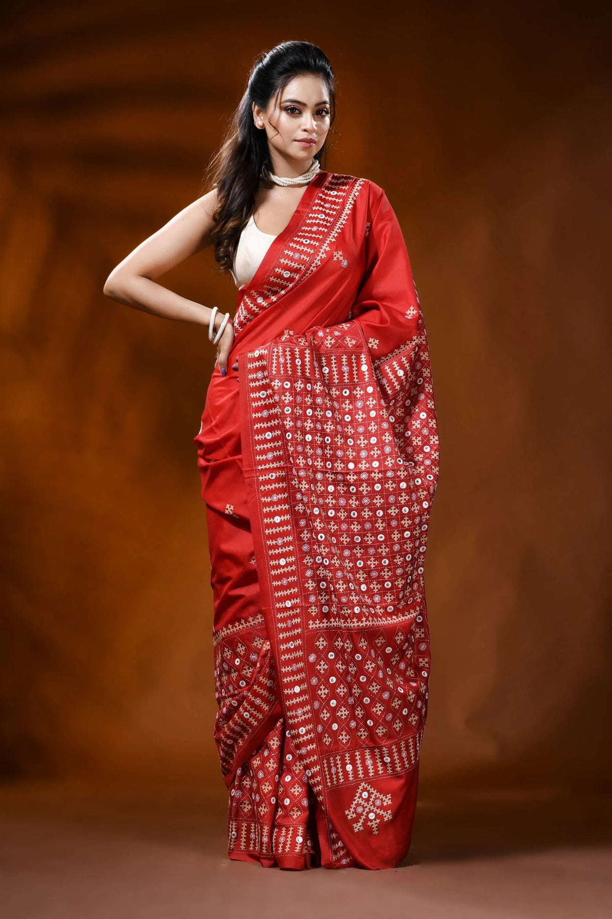 Handcrafted scarlet red kutch work silk saree with mirror detailing 7