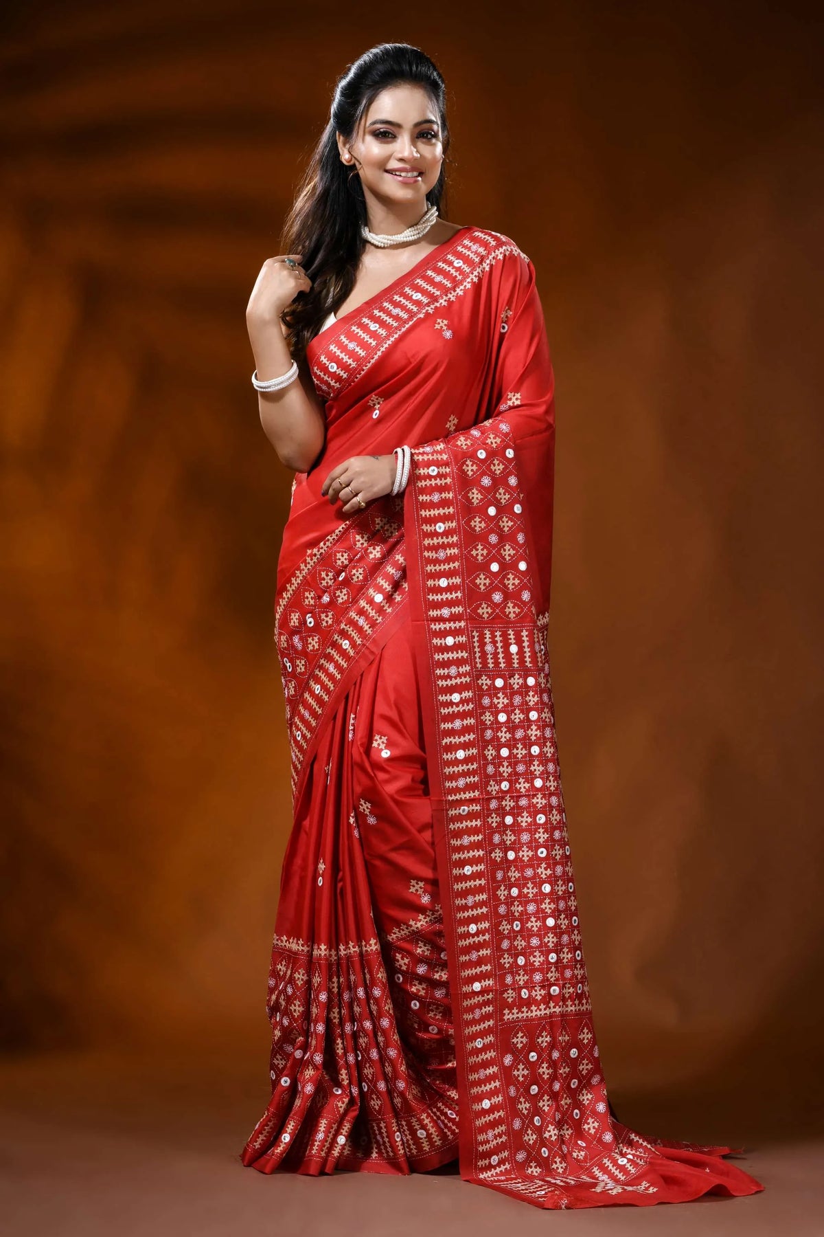 Handcrafted scarlet red kutch work silk saree with mirror detailing 6