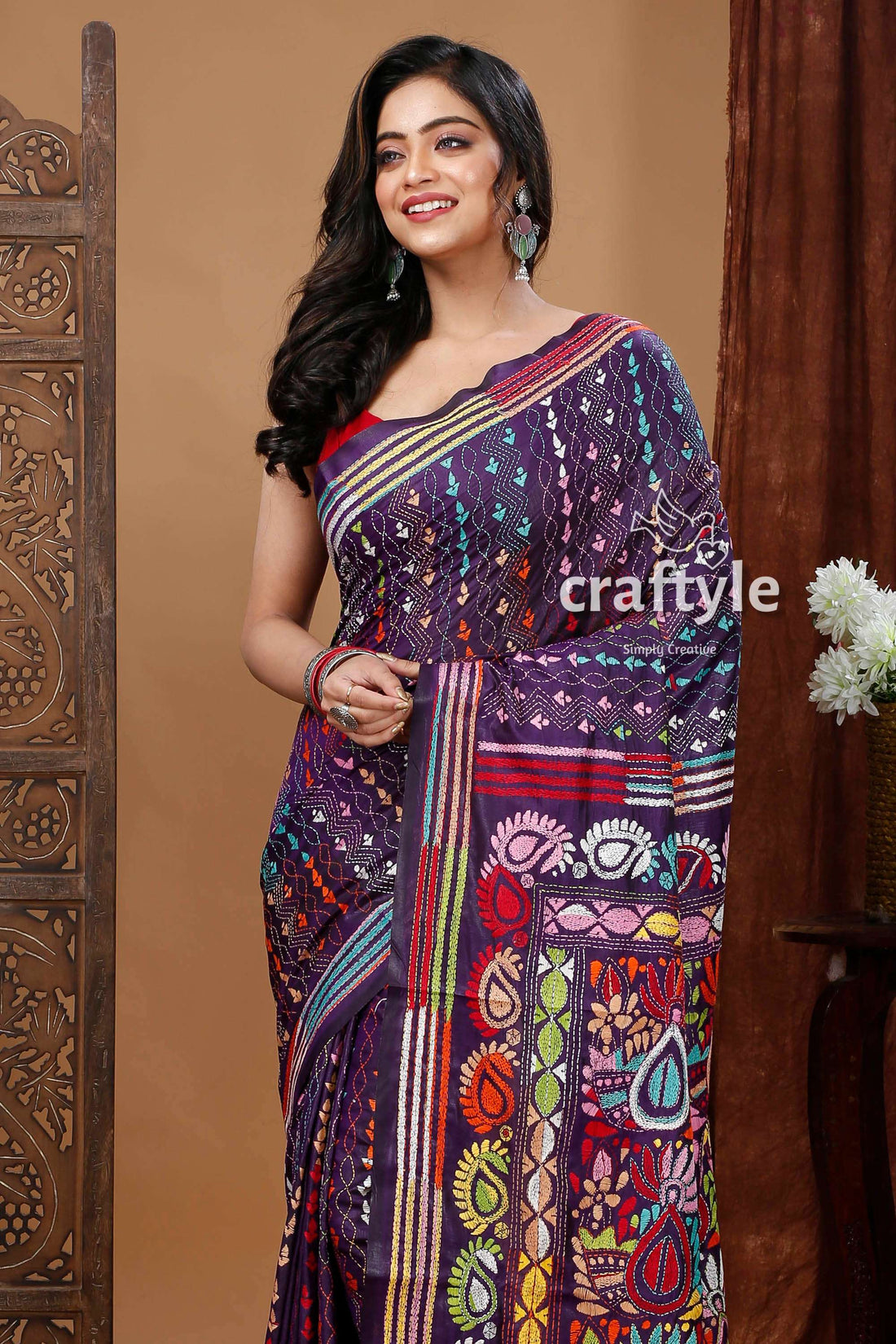 Handcrafted Silk Kantha Stitch Saree - Deep Violet Floral Design-Craftyle