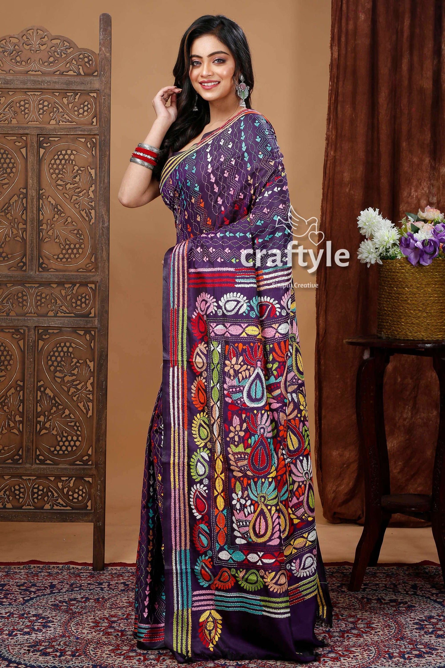 Handcrafted Silk Kantha Stitch Saree - Deep Violet Floral Design-Craftyle