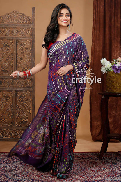 Handcrafted Silk Kantha Stitch Saree - Deep Violet Floral Design-Craftyle